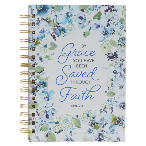 By Grace Blue Posies Large Wirebound Journal - Ephesians 2:8