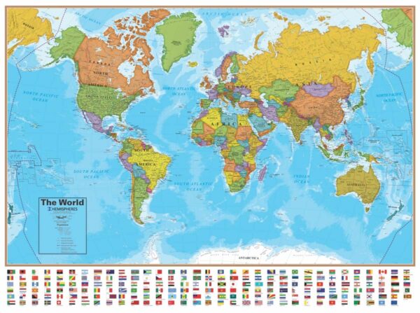 World Wall Map With Flags -Laminated 51"x38"