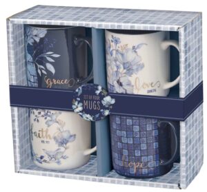 Mug Set 4pc Blue Floral Geometric