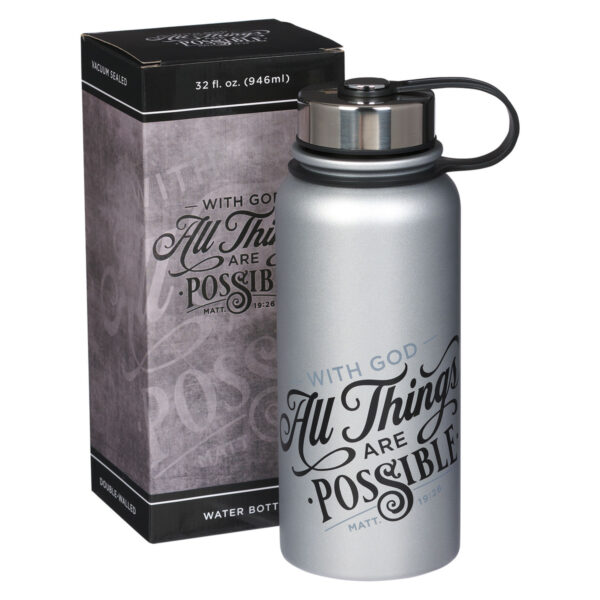 Silver Stainless Steel Water Bottle - Matthew 19:26 - Image 3