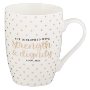 Image of DWSO Mug White with Gold Polka Dots Strength & Dignity