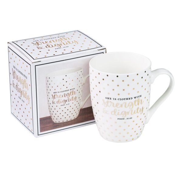 DWSO Mug White with Gold Polka Dots Strength & Dignity - Image 3